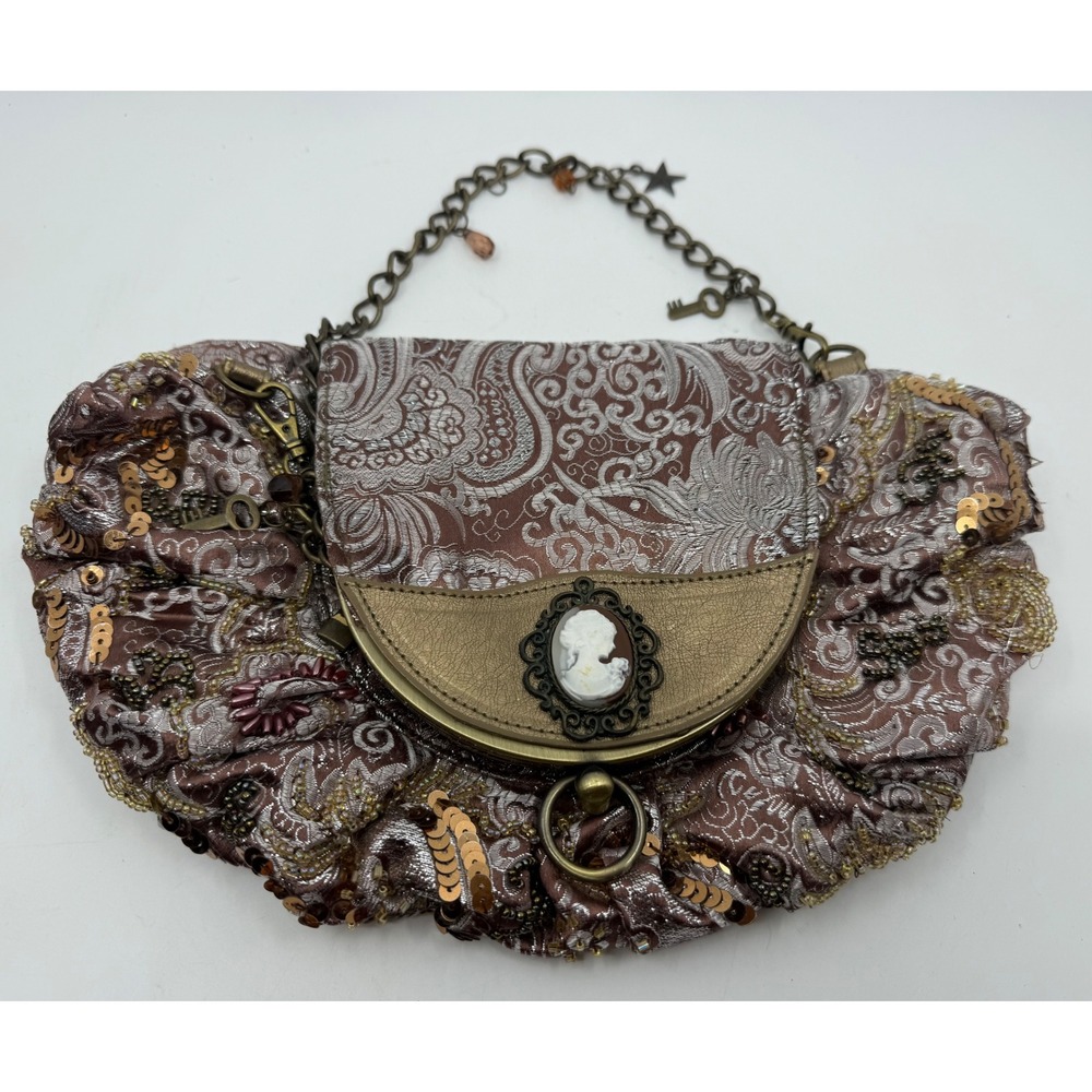 Cameo Brocade Sequin Beaded Evening Bag Bronze Paisley Charm Chain Boutique